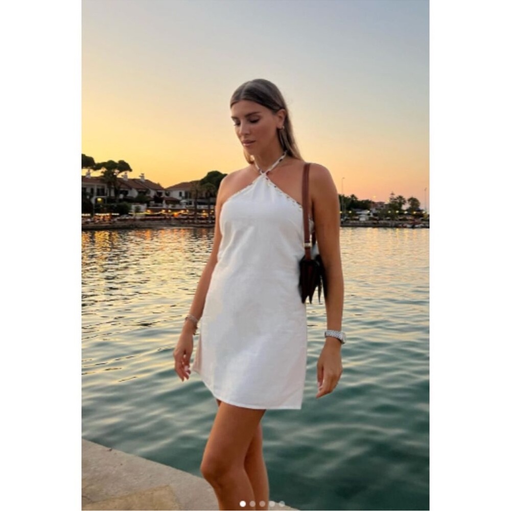ZARA White Linen Blend Halter Dress With Bead Embroidery Detail NWT
